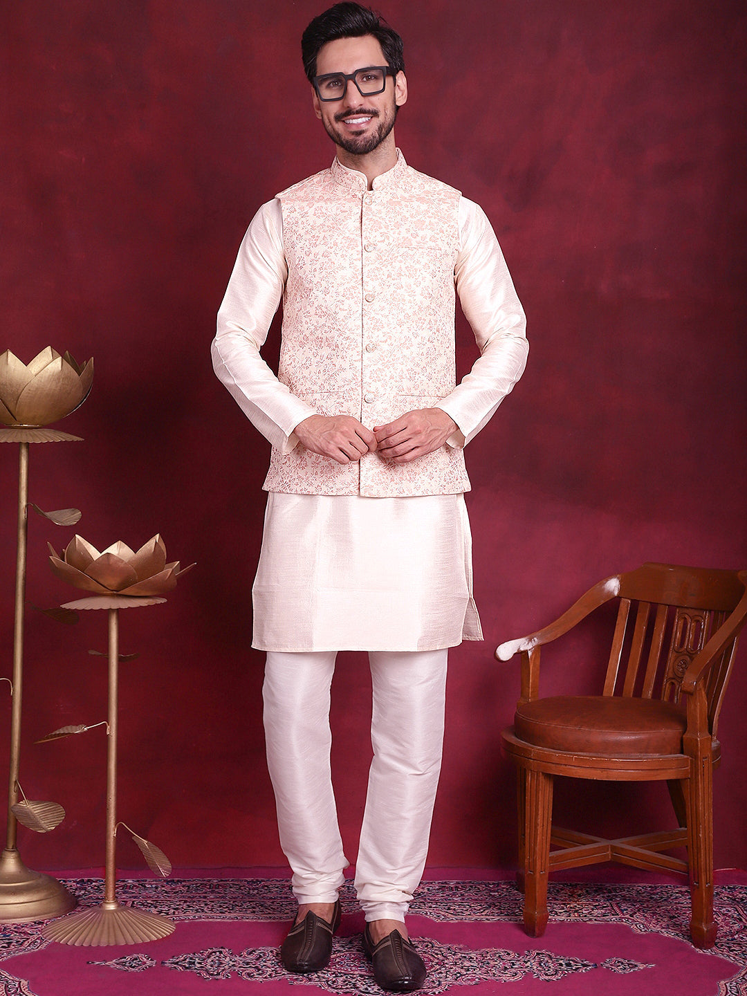 Jompers Men's Woven Design Nehru Jacket - Pink | Grocsy