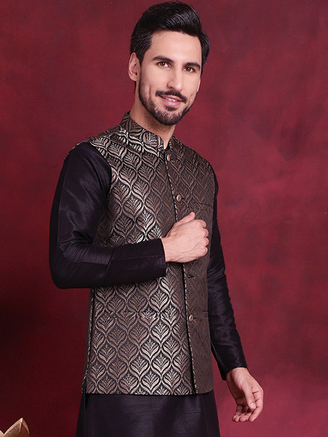Jompers Men's Woven Design Nehru Jacket - Golden | Grocsy