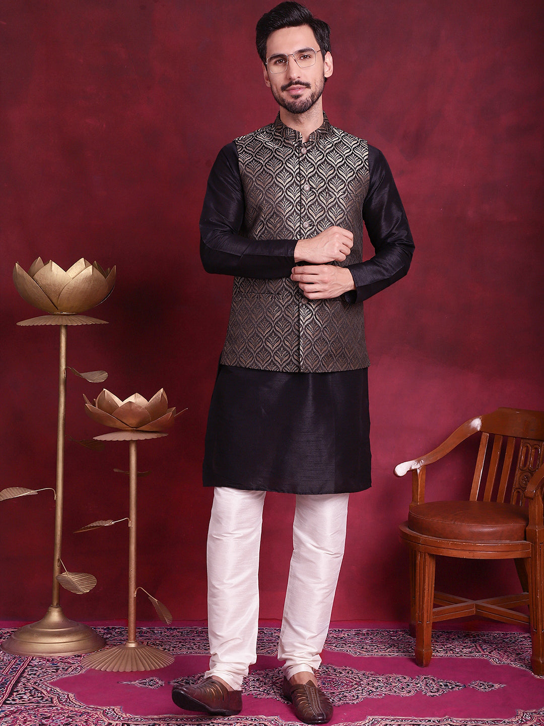 Jompers Men's Woven Design Nehru Jacket - Golden | Grocsy