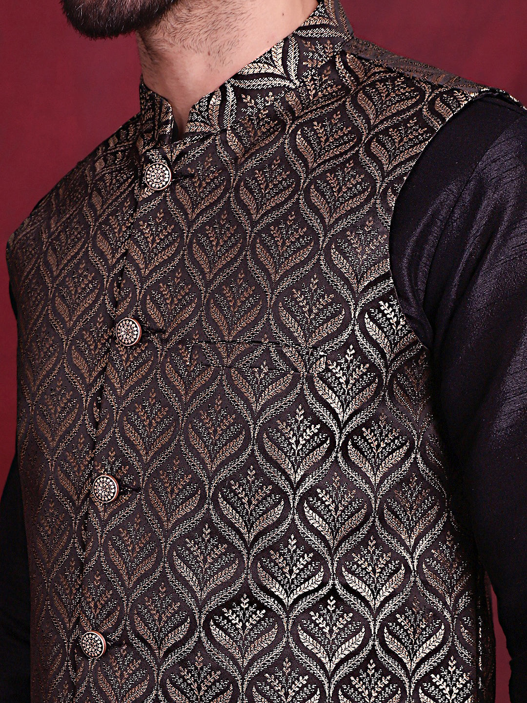 Jompers Men's Woven Design Nehru Jacket - Golden | Grocsy