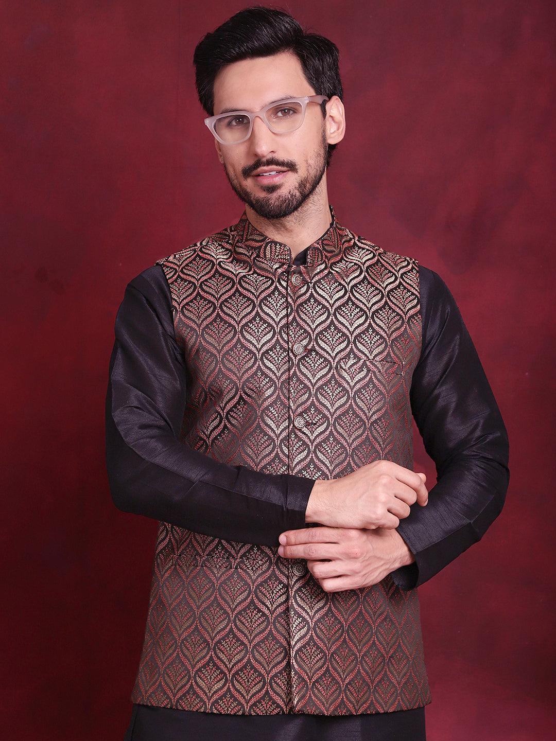 Jompers Men's Woven Design Nehru Jacket - Maroon | Grocsy