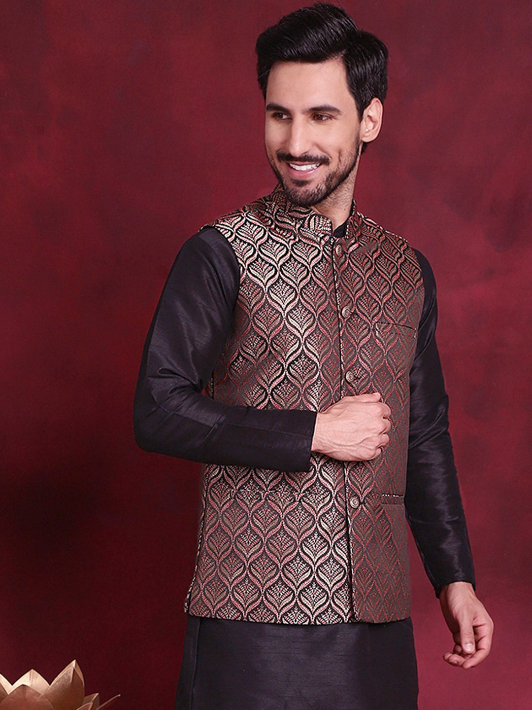 Jompers Men's Woven Design Nehru Jacket - Maroon | Grocsy