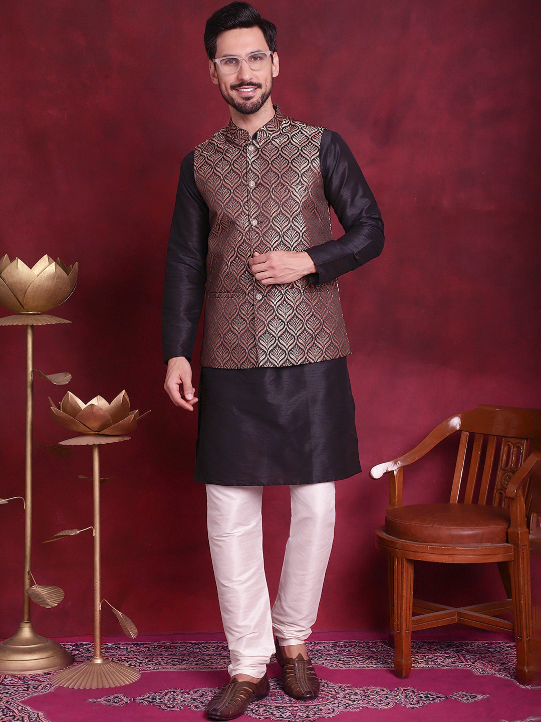 Jompers Men's Woven Design Nehru Jacket - Maroon | Grocsy