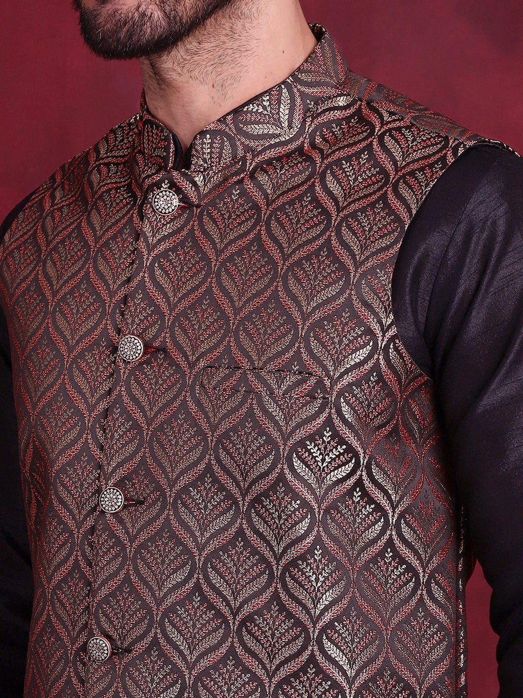 Jompers Men's Woven Design Nehru Jacket - Maroon | Grocsy