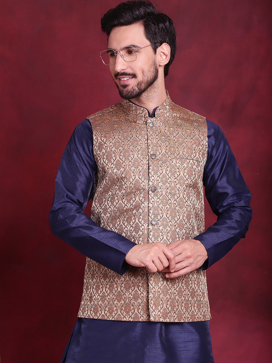 Jompers Men's Woven Design Nehru Jacket - Brown | Grocsy