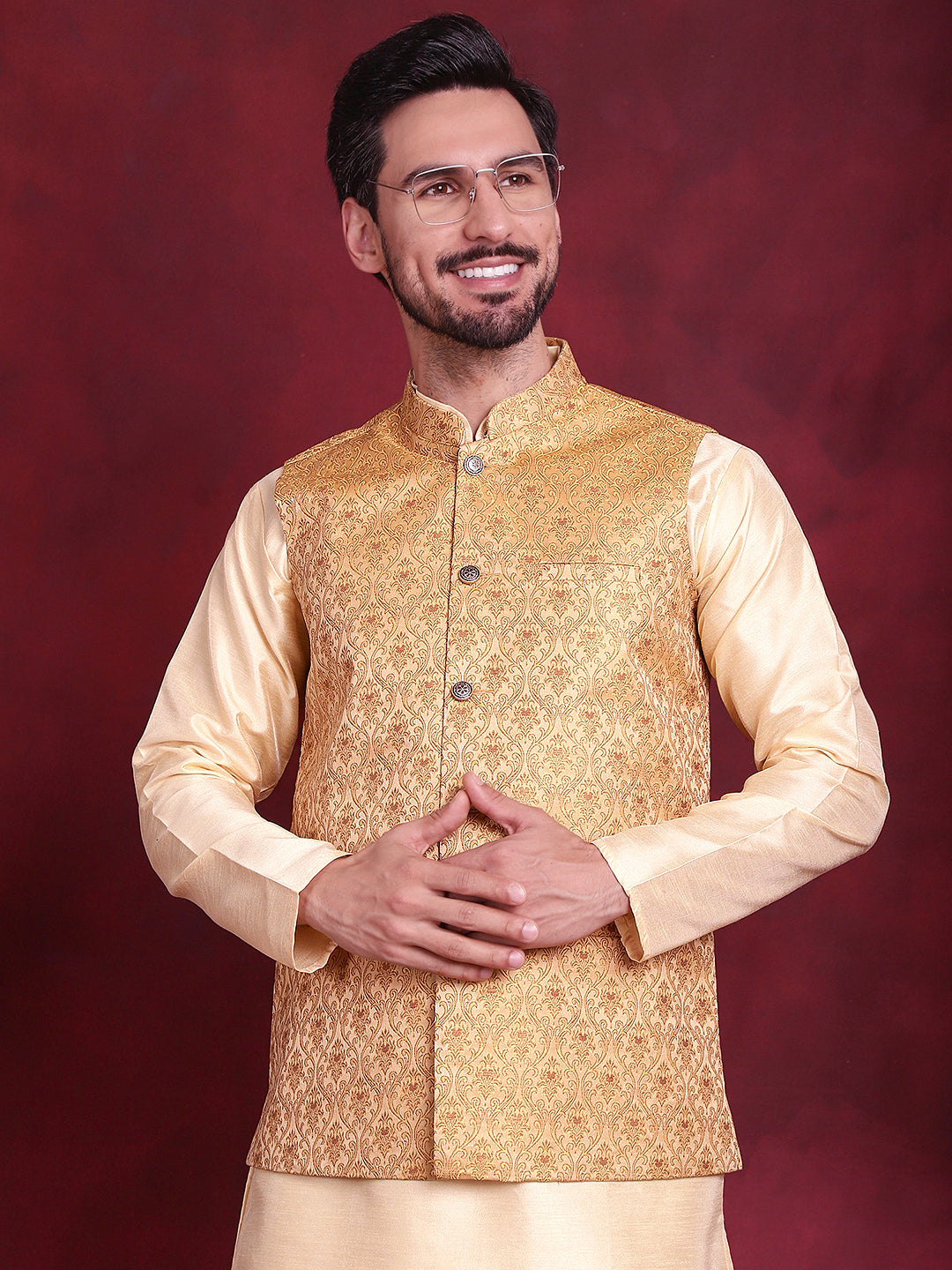 Jompers Men's Woven Design Nehru Jacket - Mustard | Grocsy