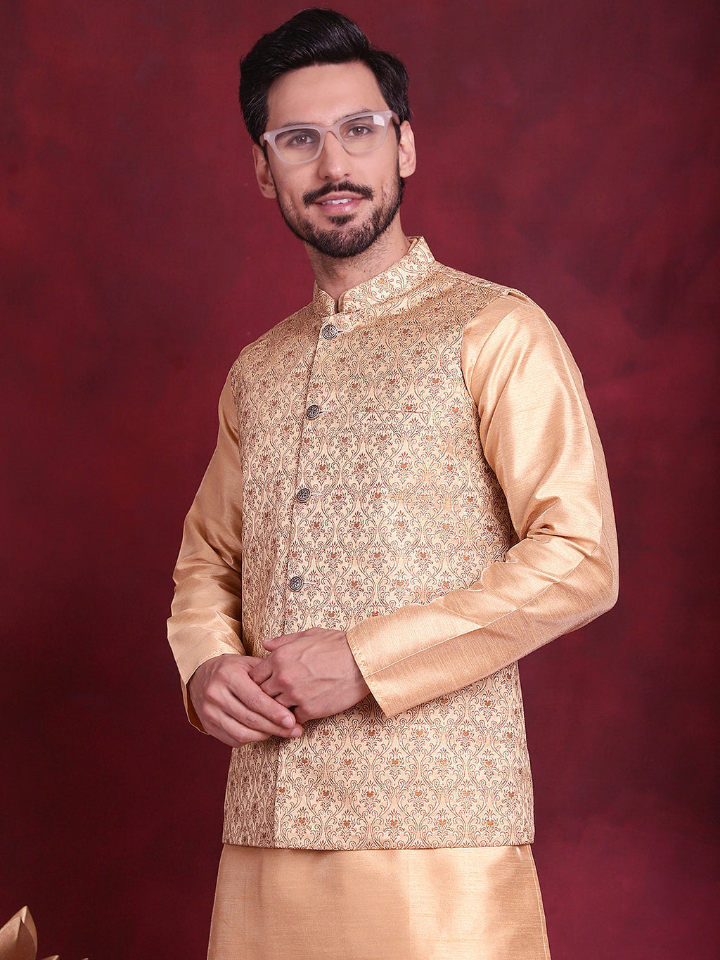 Jompers Men's Woven Design Nehru Jacket - Cream | Grocsy