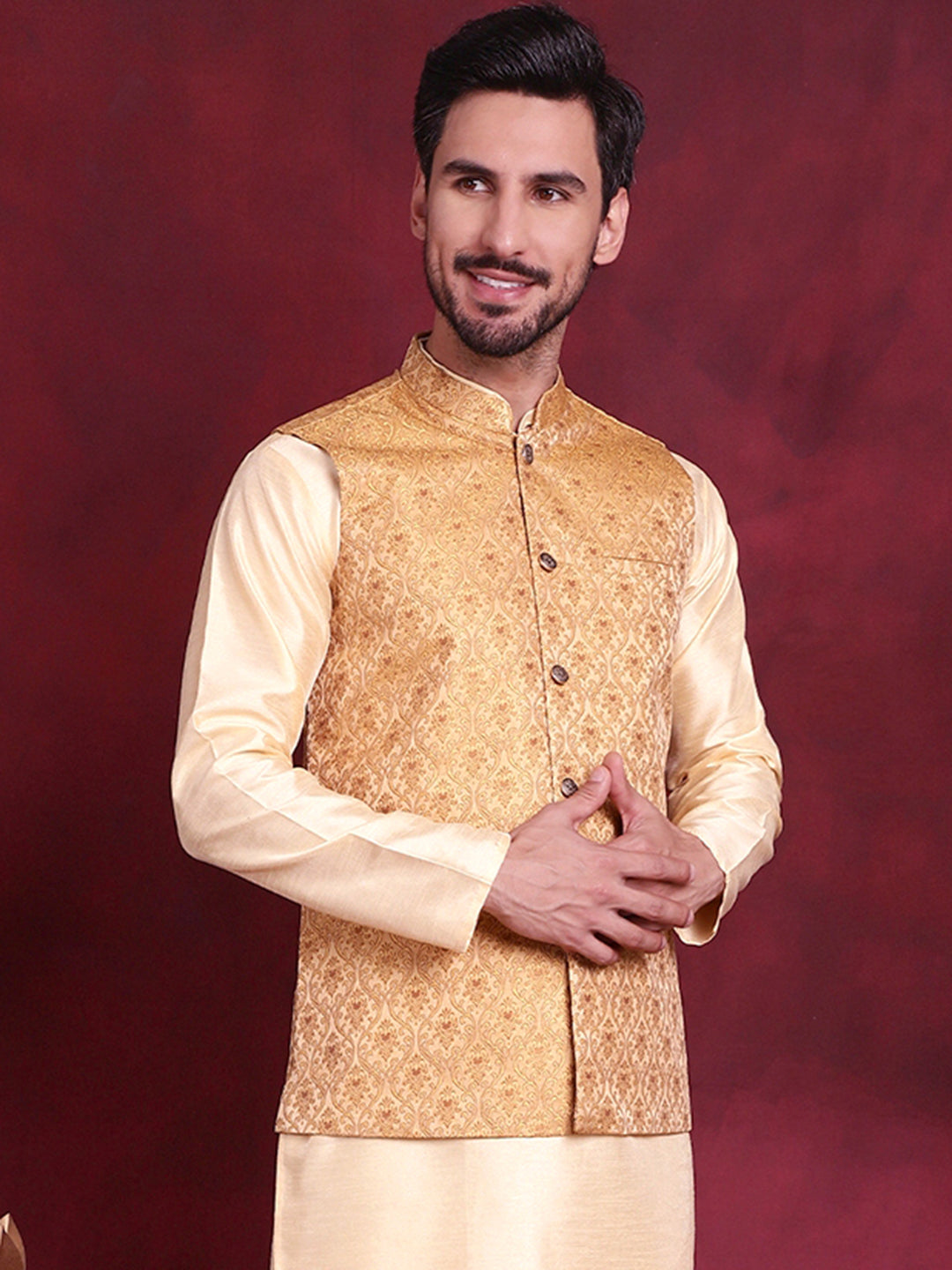 Jompers Men's Woven Design Nehru Jacket - Mustard | Grocsy