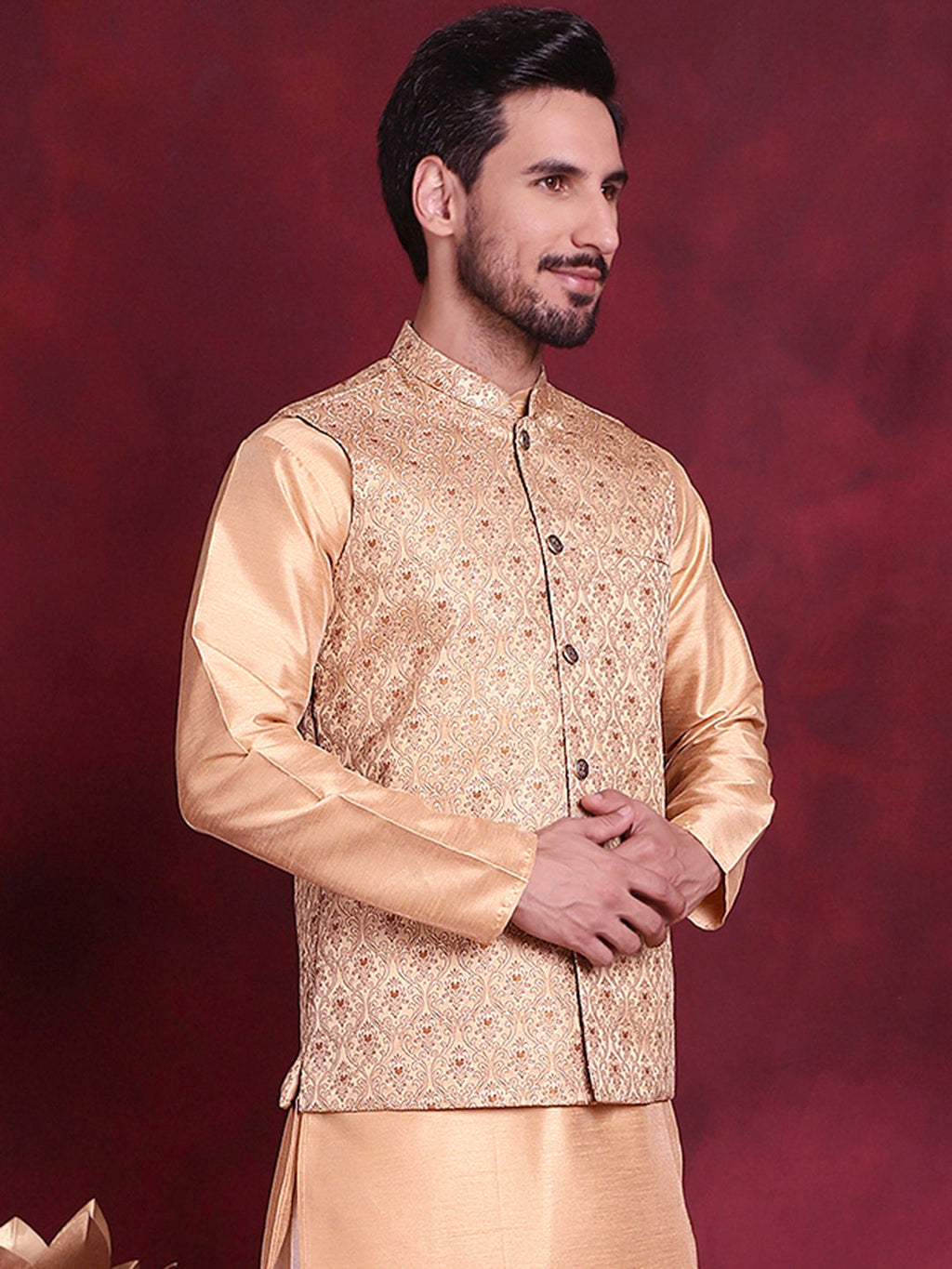 Jompers Men's Woven Design Nehru Jacket - Cream | Grocsy
