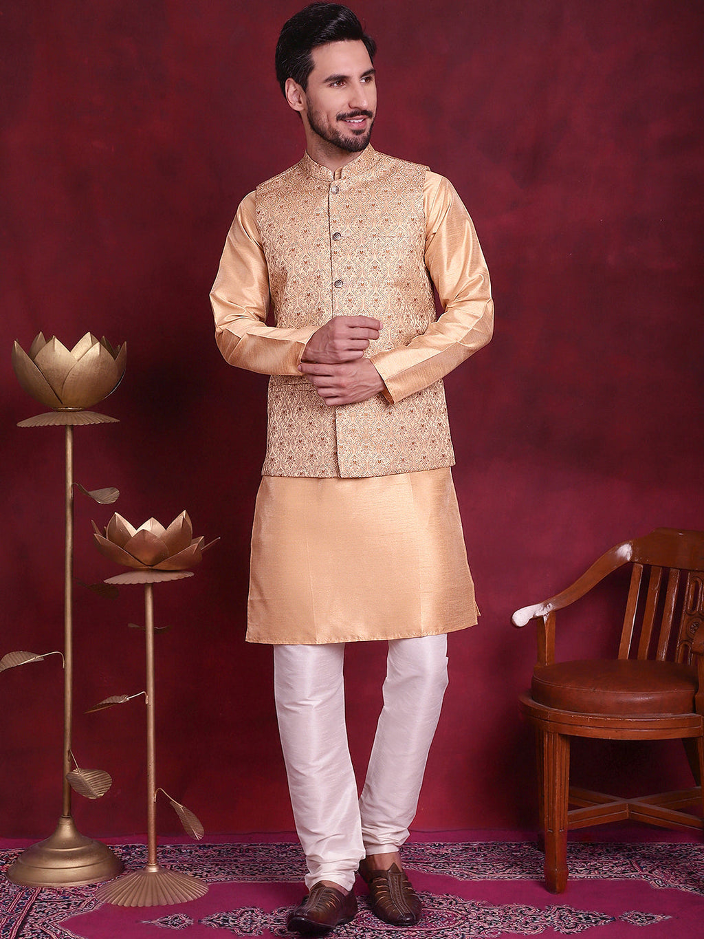 Jompers Men's Woven Design Nehru Jacket - Cream | Grocsy