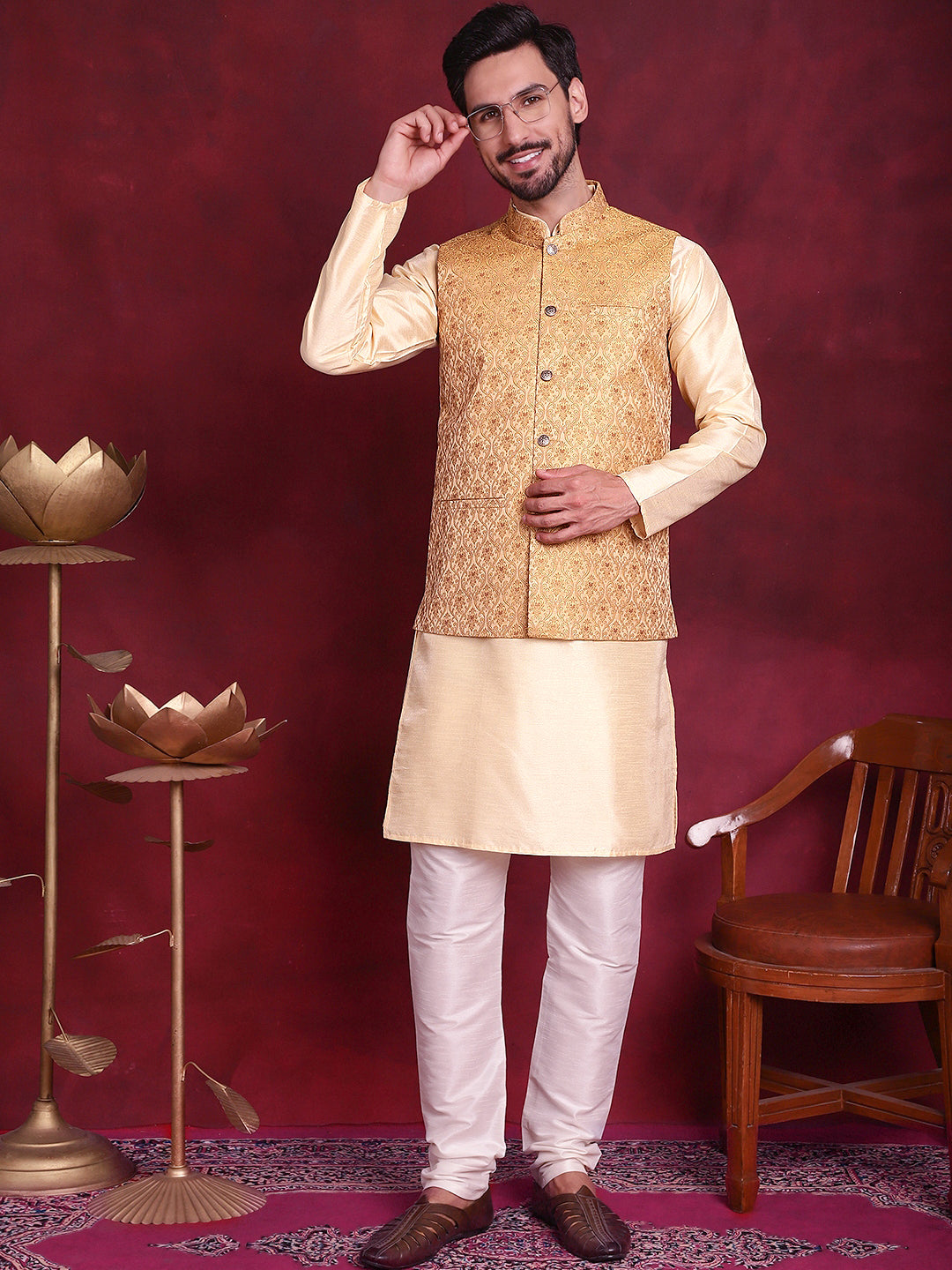 Jompers Men's Woven Design Nehru Jacket - Mustard | Grocsy