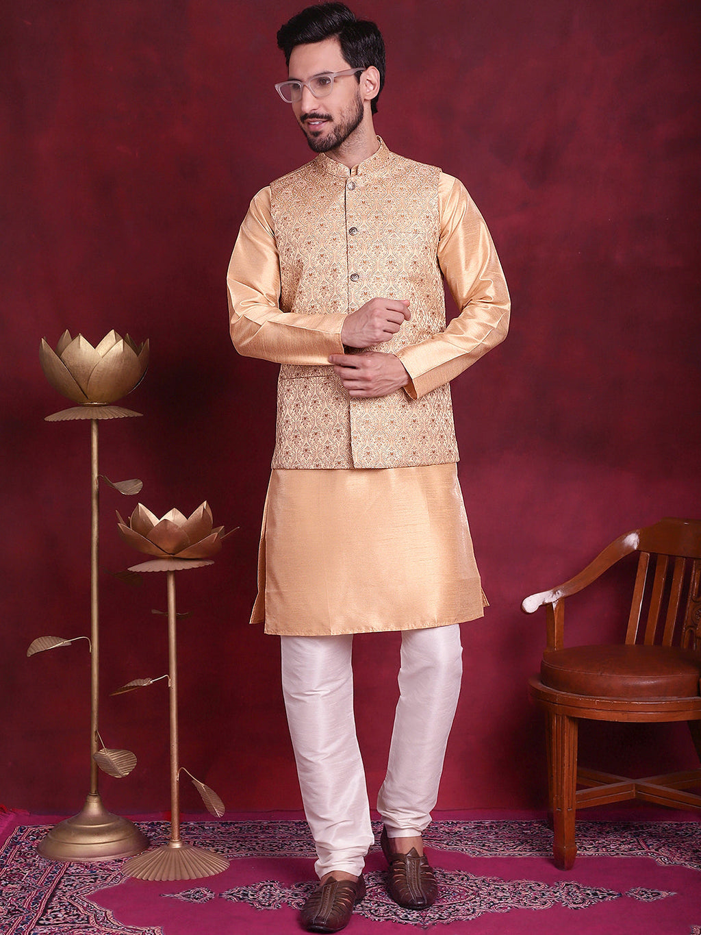 Jompers Men's Woven Design Nehru Jacket - Cream | Grocsy