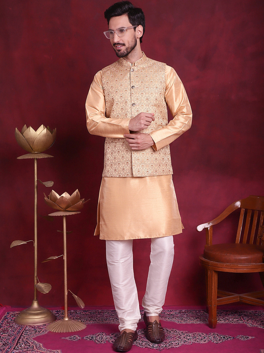 Jompers Men's Woven Design Nehru Jacket - Cream | Grocsy