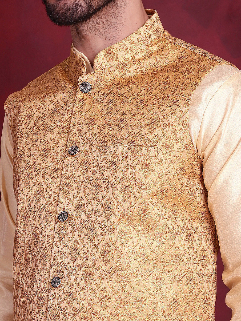 Jompers Men's Woven Design Nehru Jacket - Mustard | Grocsy