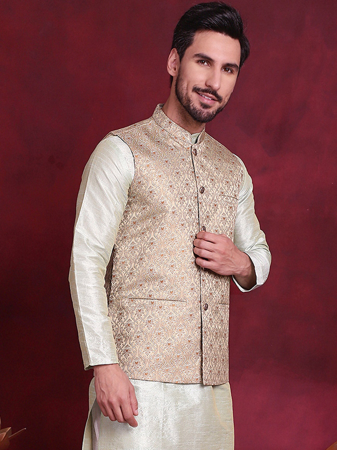 Jompers Men's Woven Design Nehru Jacket - Golden | Grocsy