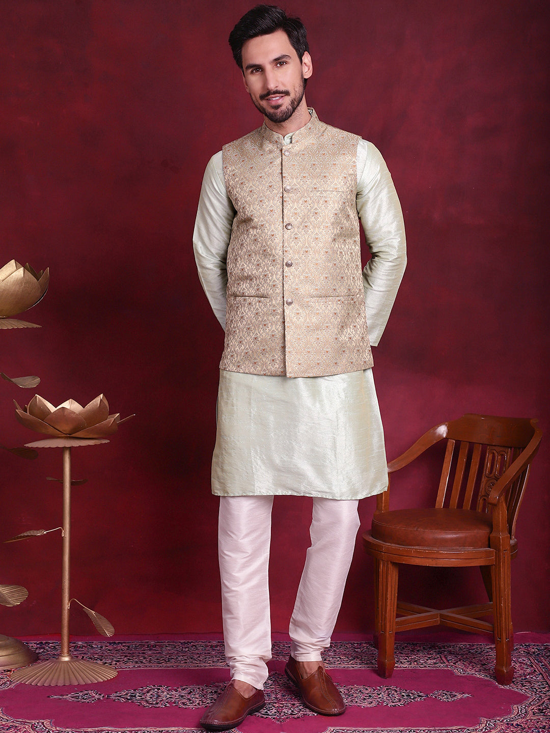 Jompers Men's Woven Design Nehru Jacket - Golden | Grocsy