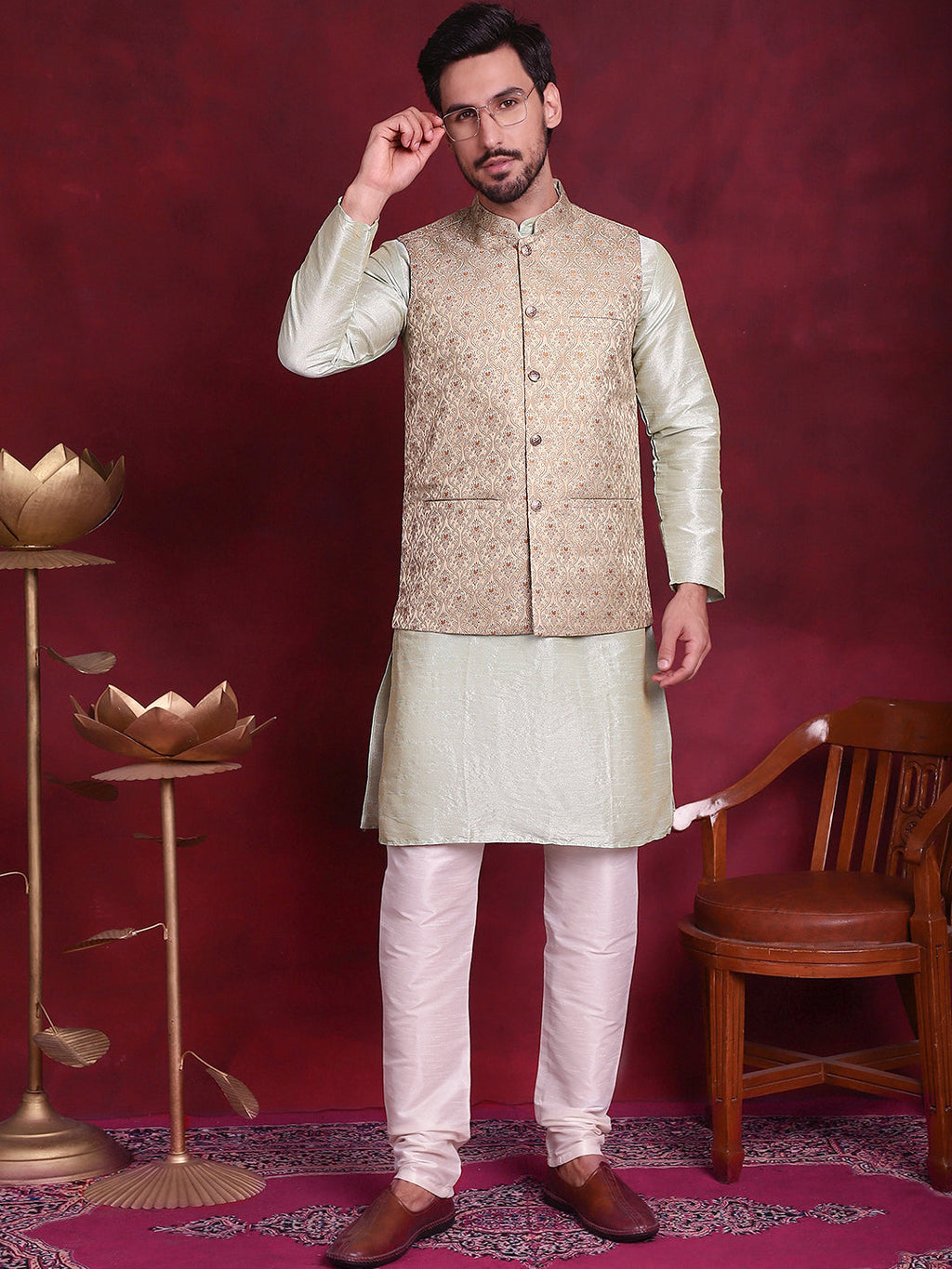Jompers Men's Woven Design Nehru Jacket - Golden | Grocsy