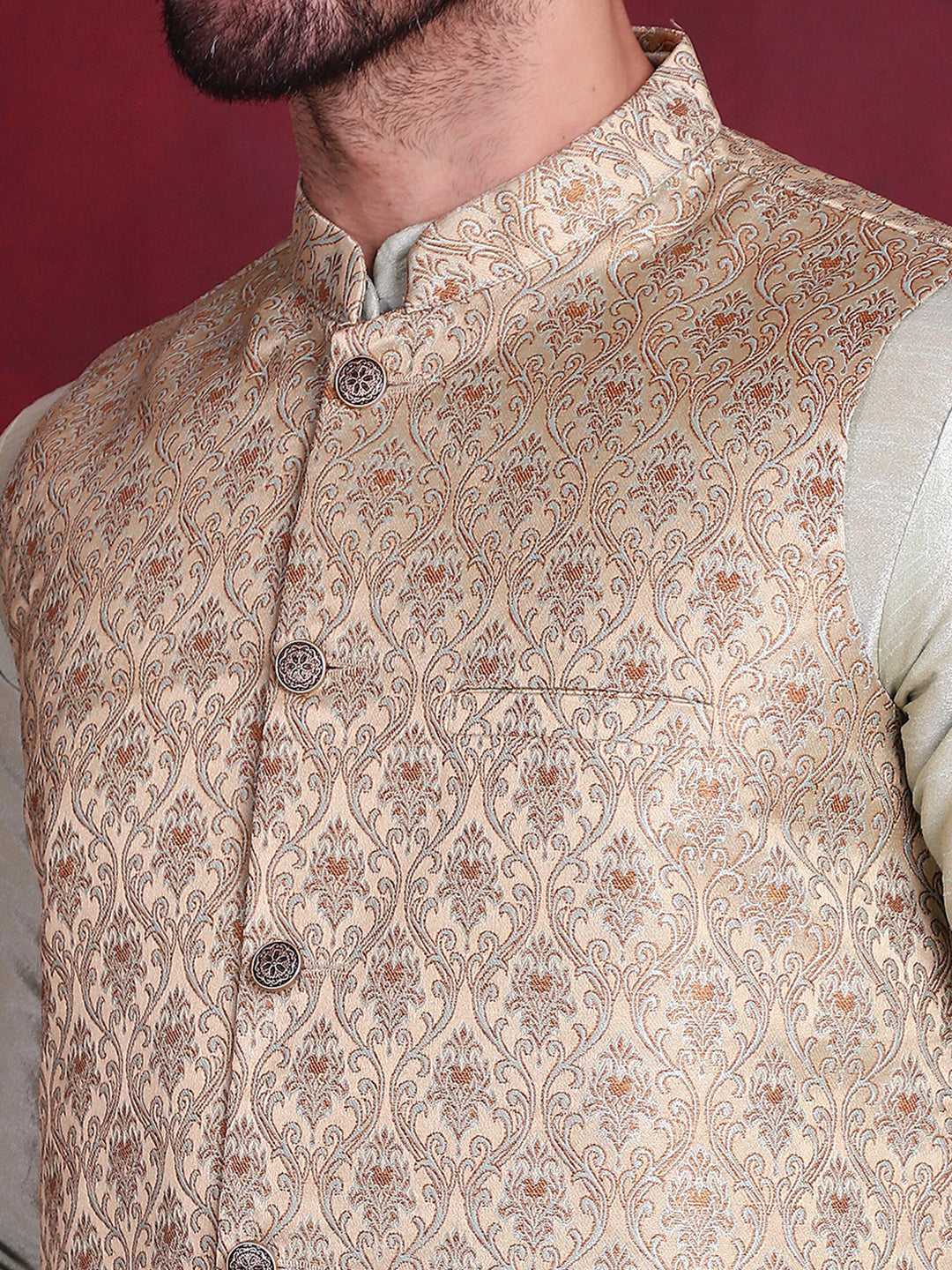 Jompers Men's Woven Design Nehru Jacket - Golden | Grocsy