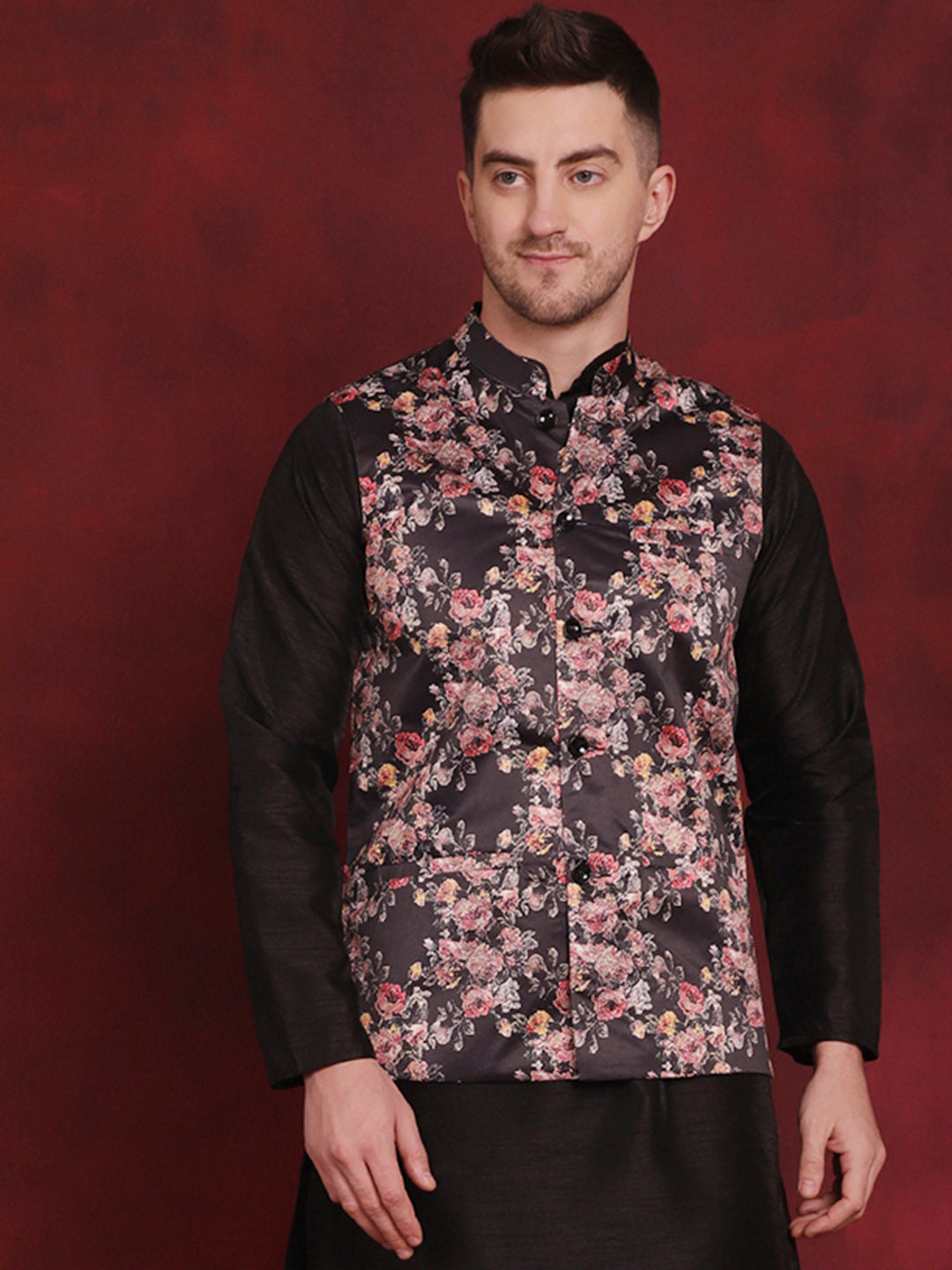 Jompers Men's Floral Printed Nehru Jacket - Black | Grocsy