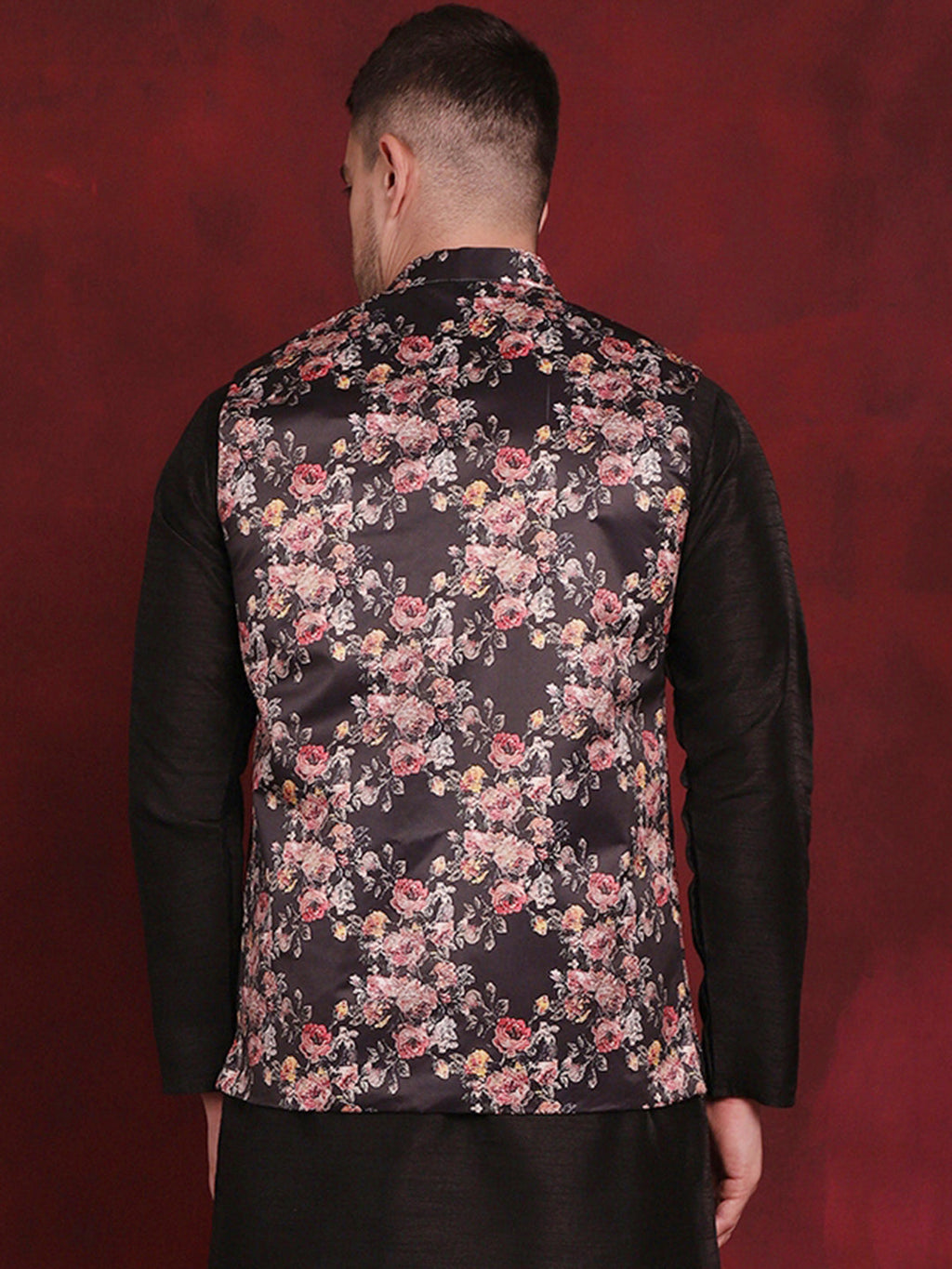 Jompers Men's Floral Printed Nehru Jacket - Black | Grocsy