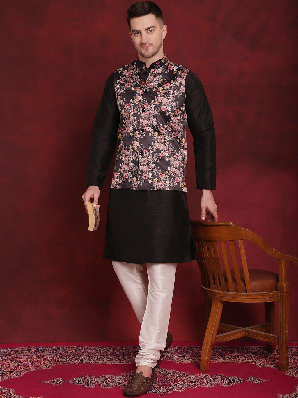 Jompers Men's Floral Printed Nehru Jacket - Black | Grocsy