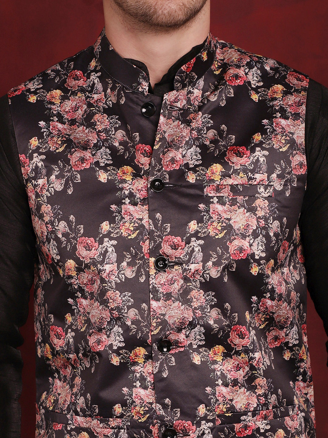 Jompers Men's Floral Printed Nehru Jacket - Black | Grocsy