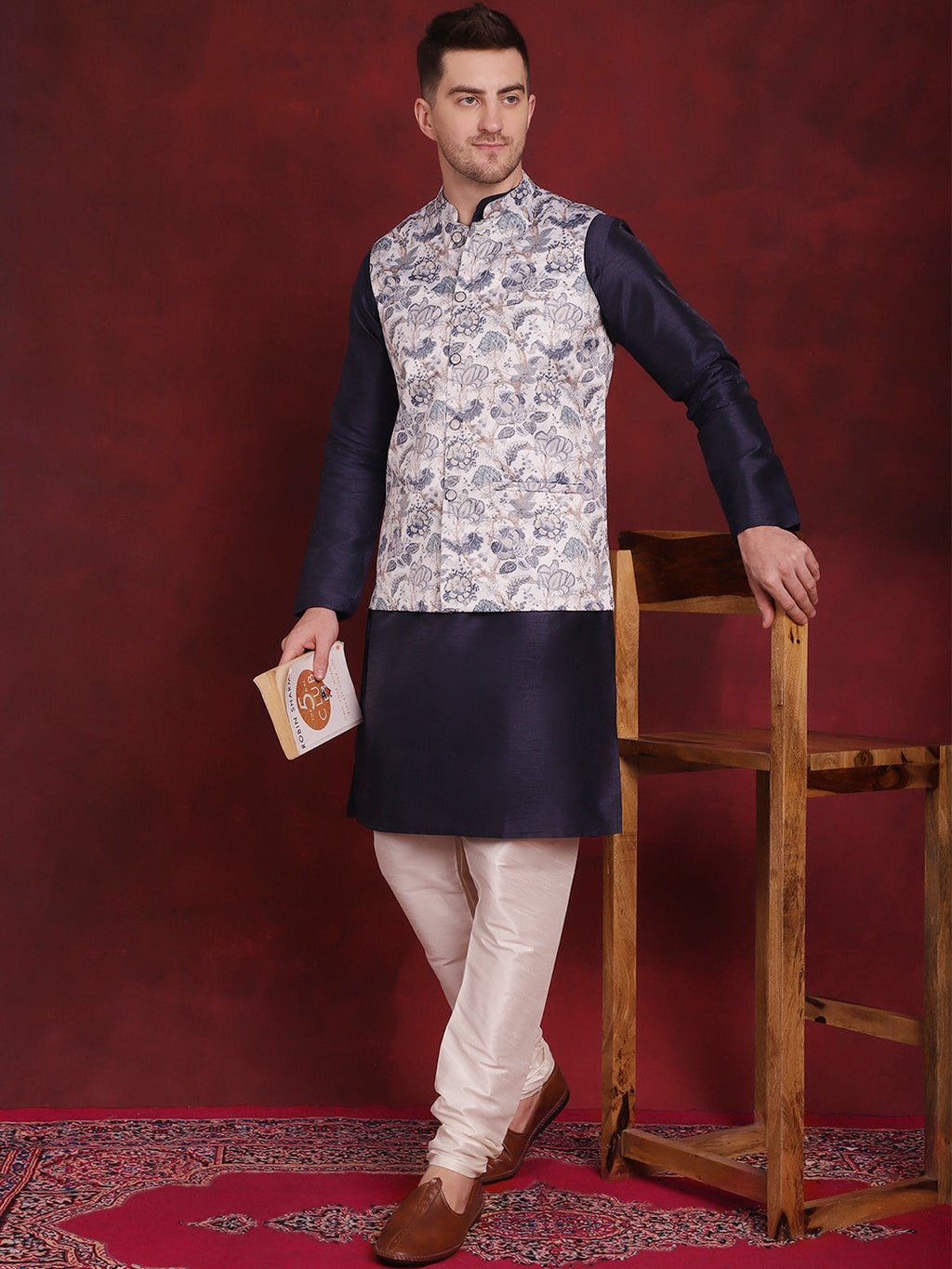Jompers Men's Floral Printed Nehru Jacket - White | Grocsy
