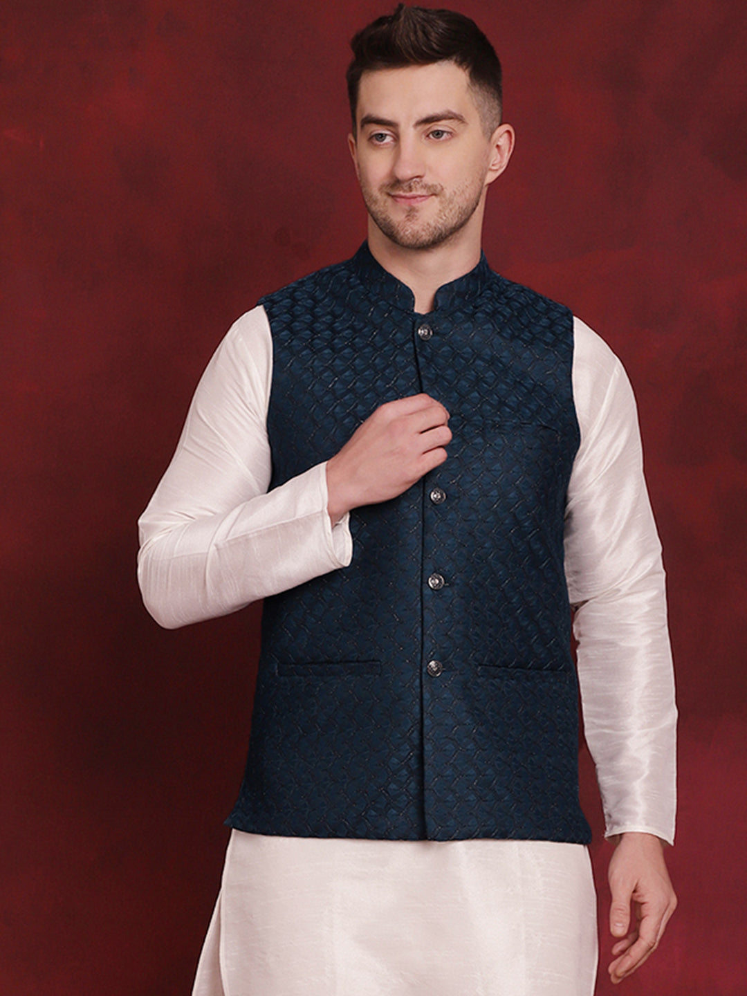 Jompers Men's Blue Woven Design Nehru Jacket | Grocsy