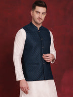 Jompers Men's Blue Woven Design Nehru Jacket | Grocsy