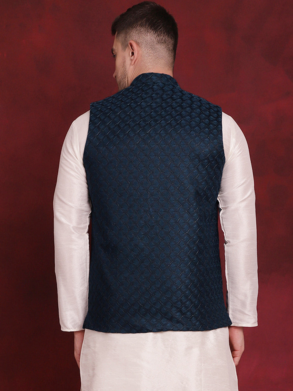 Jompers Men's Blue Woven Design Nehru Jacket | Grocsy