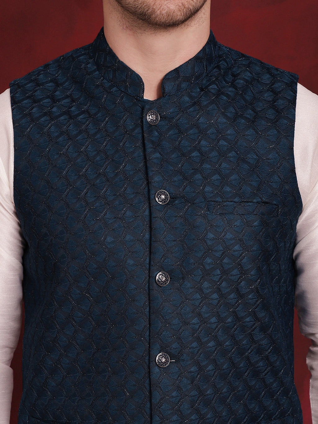 Jompers Men's Blue Woven Design Nehru Jacket | Grocsy