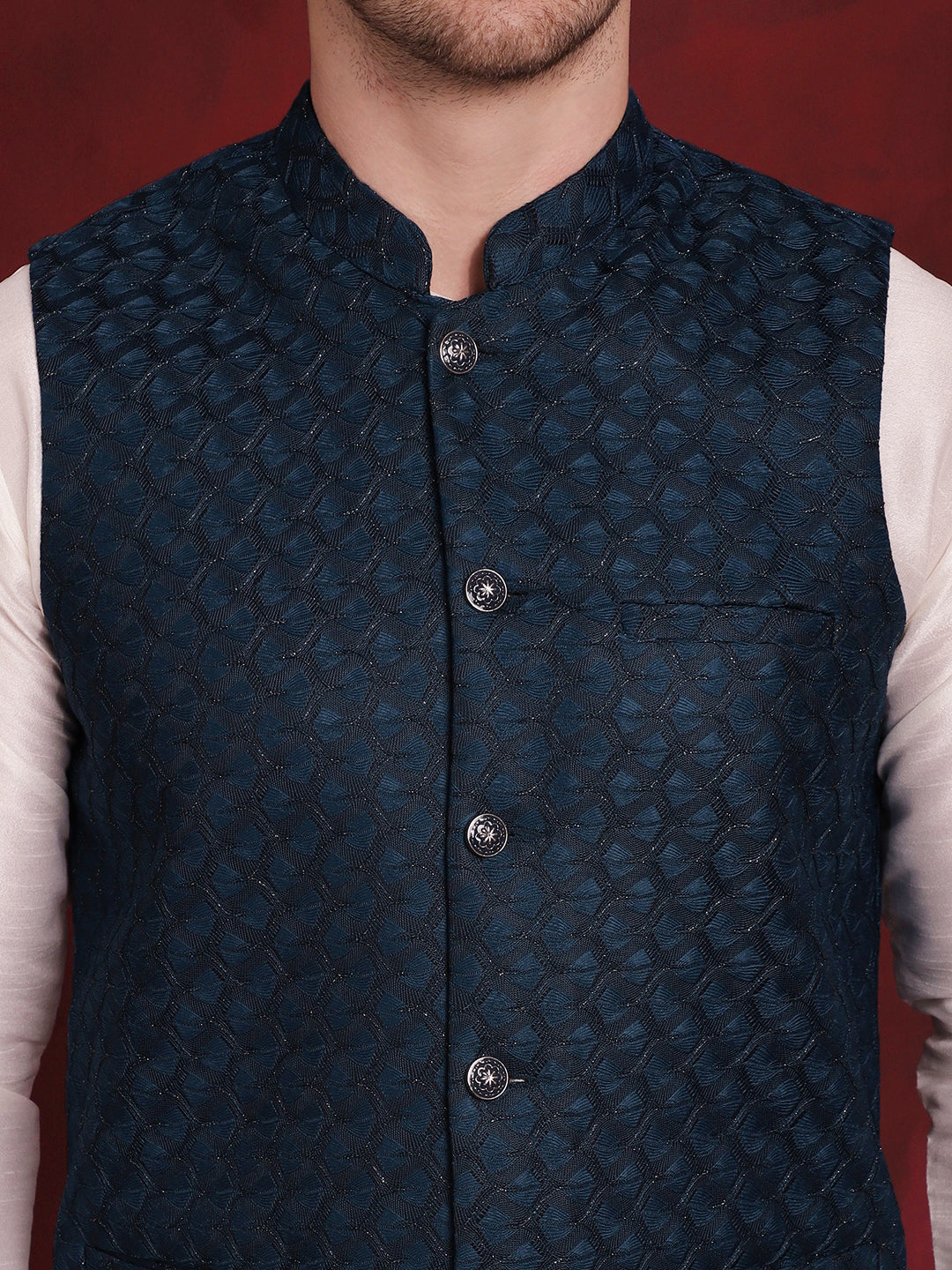Jompers Men's Blue Woven Design Nehru Jacket | Grocsy