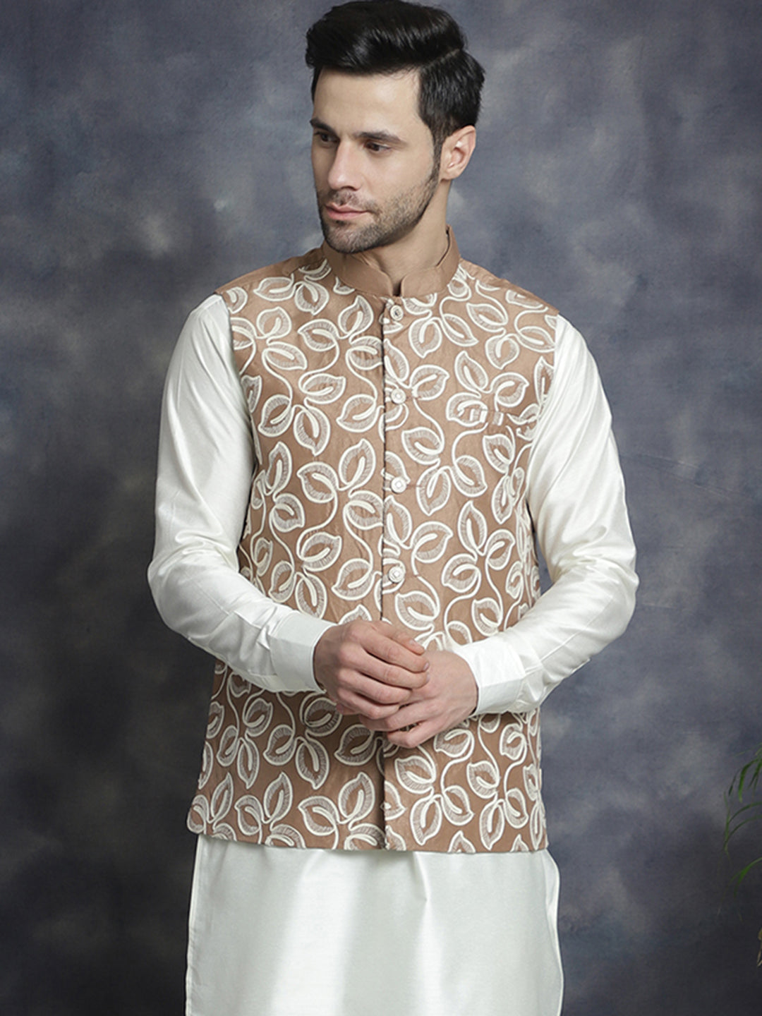 Jompers Men's embroidered Nehru Jacket - Brown | Grocsy