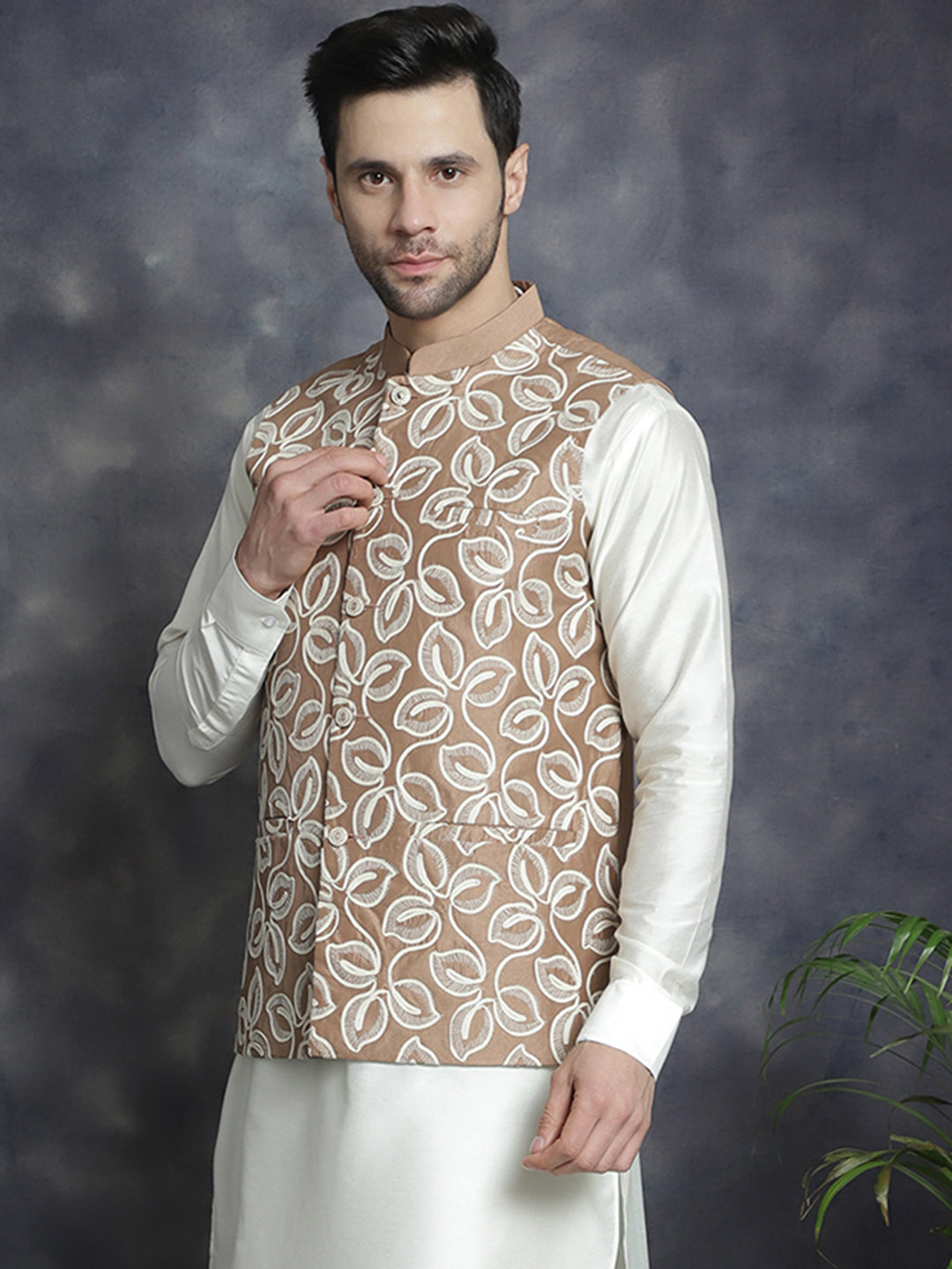 Jompers Men's embroidered Nehru Jacket - Brown | Grocsy