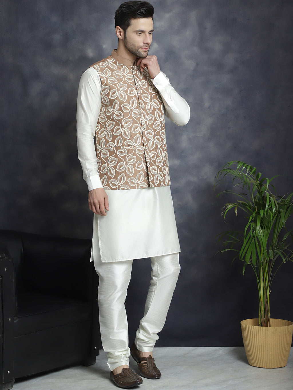 Jompers Men's embroidered Nehru Jacket - Brown | Grocsy