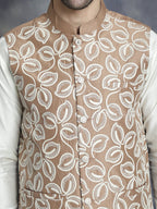 Jompers Men's embroidered Nehru Jacket - Brown | Grocsy