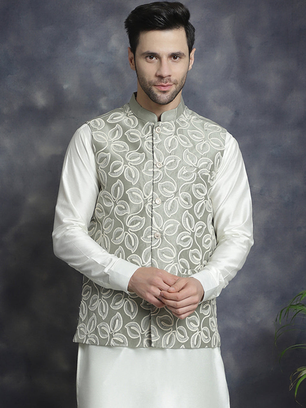 Jompers Men's embroidered Nehru Jacket - Pista | Grocsy