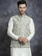 Jompers Men's embroidered Nehru Jacket - Pista | Grocsy