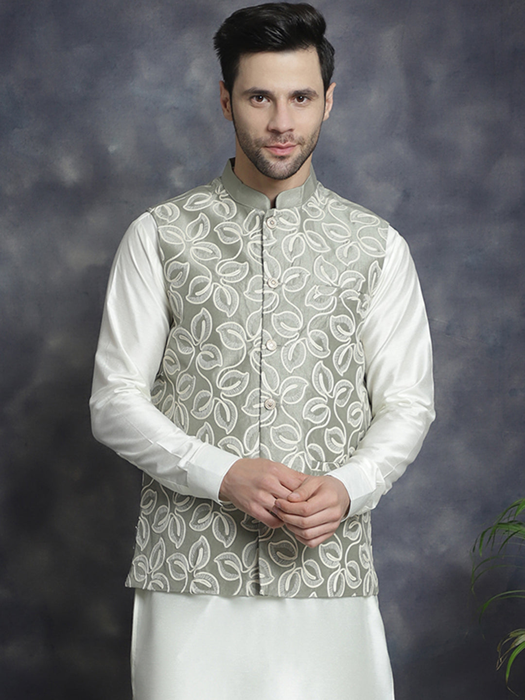 Jompers Men's embroidered Nehru Jacket - Pista | Grocsy