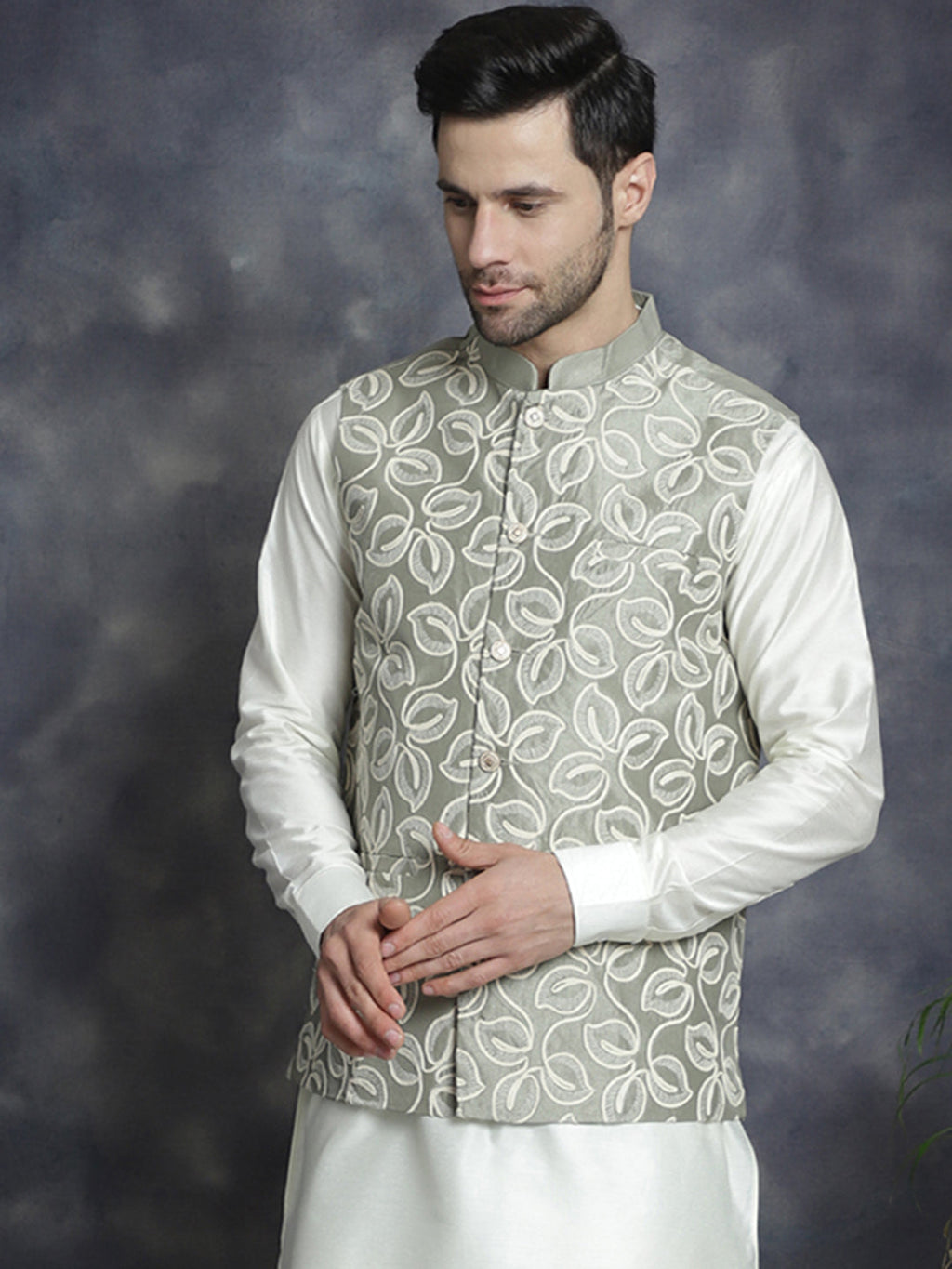 Jompers Men's embroidered Nehru Jacket - Pista | Grocsy