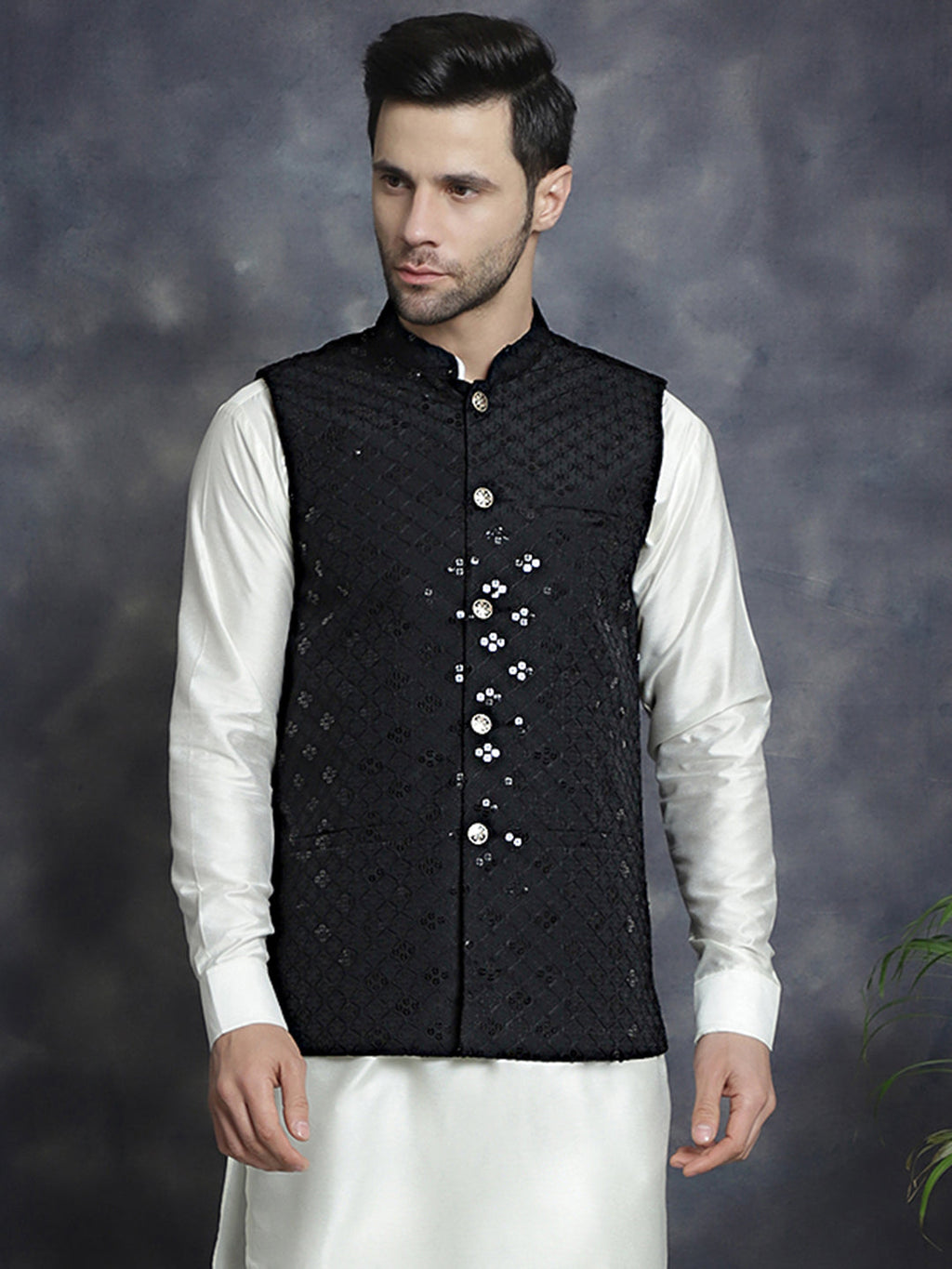Jompers Men's embroidered and sequins Nehru Jacket - Black | Grocsy