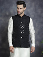 Jompers Men's embroidered and sequins Nehru Jacket - Black | Grocsy