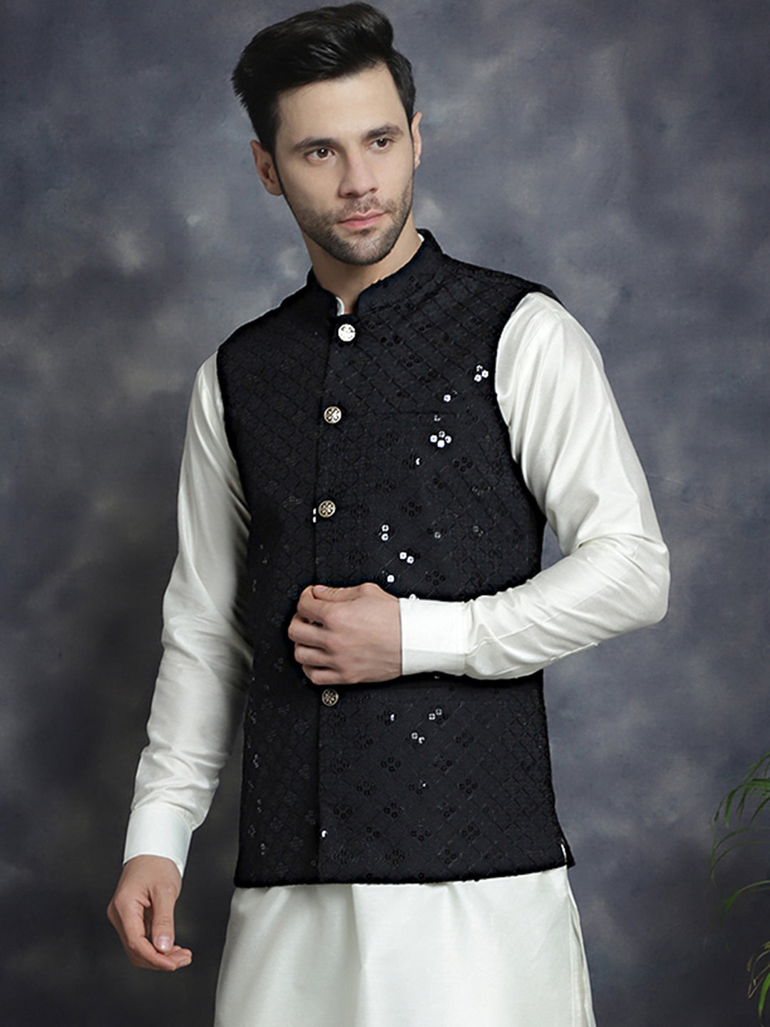 Jompers Men's embroidered and sequins Nehru Jacket - Black | Grocsy