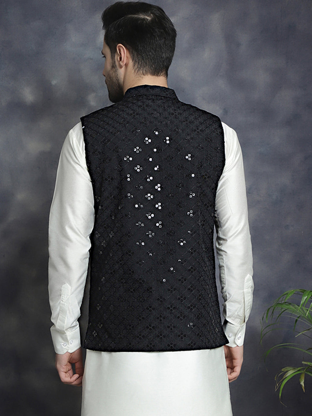 Jompers Men's embroidered and sequins Nehru Jacket - Black | Grocsy
