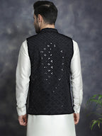 Jompers Men's embroidered and sequins Nehru Jacket - Black | Grocsy