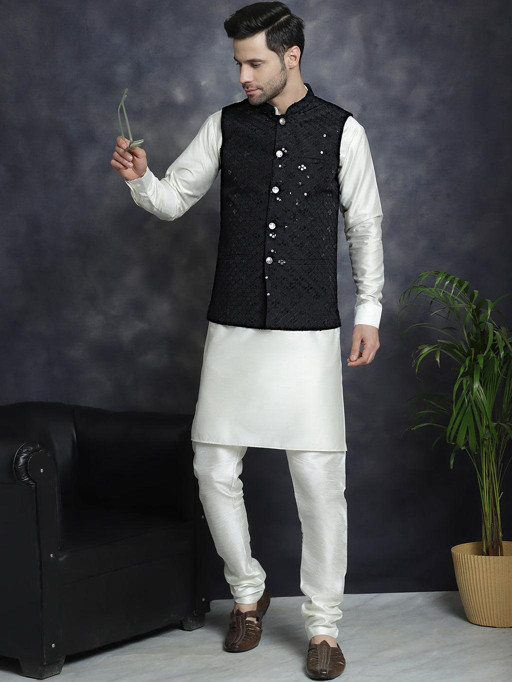 Jompers Men's embroidered and sequins Nehru Jacket - Black | Grocsy