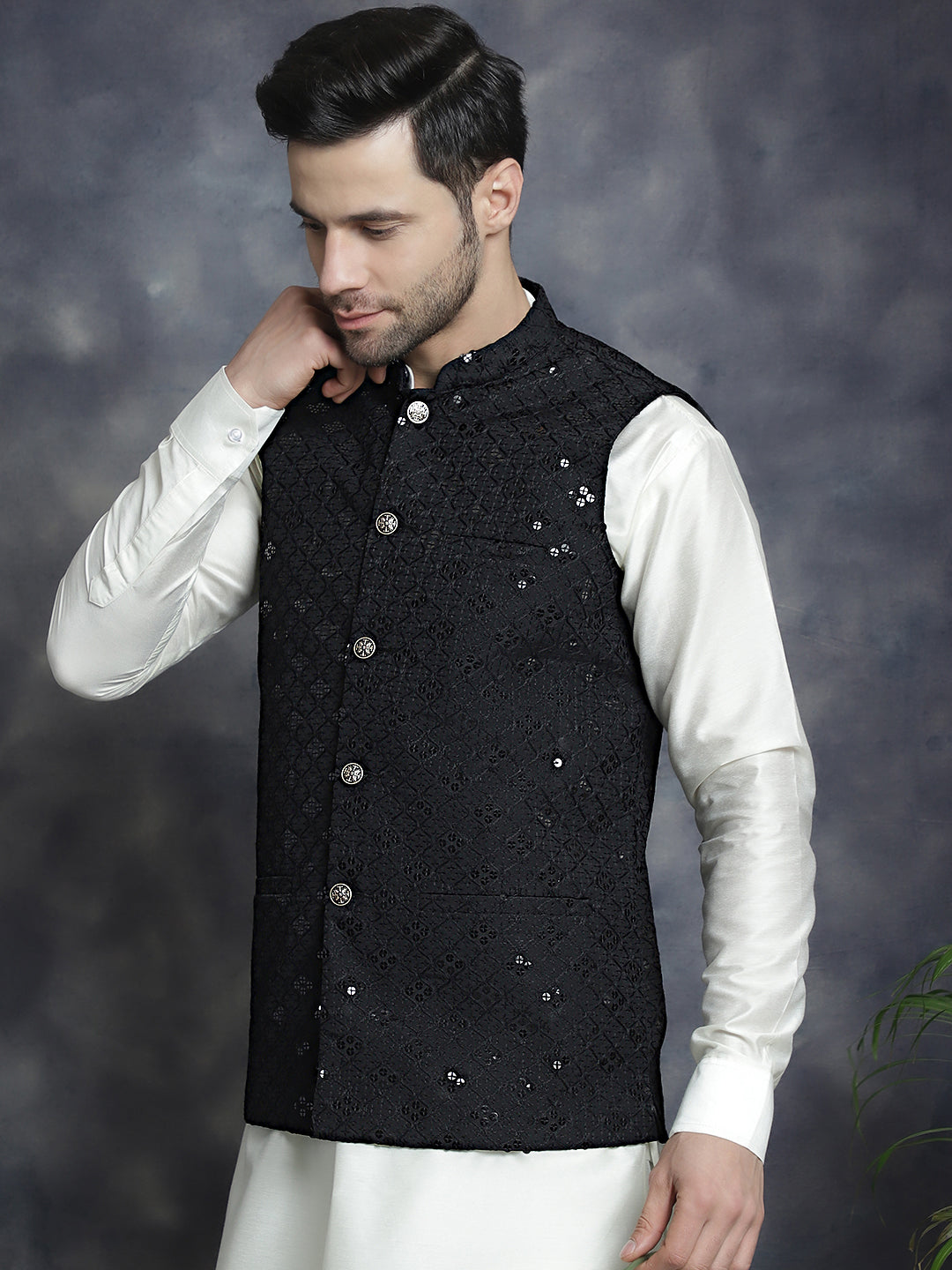 Jompers Men's embroidered and sequins Nehru Jacket - Black | Grocsy