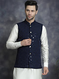 Jompers Men's embroidered and sequins Nehru Jacket - Navy Blue | Grocsy