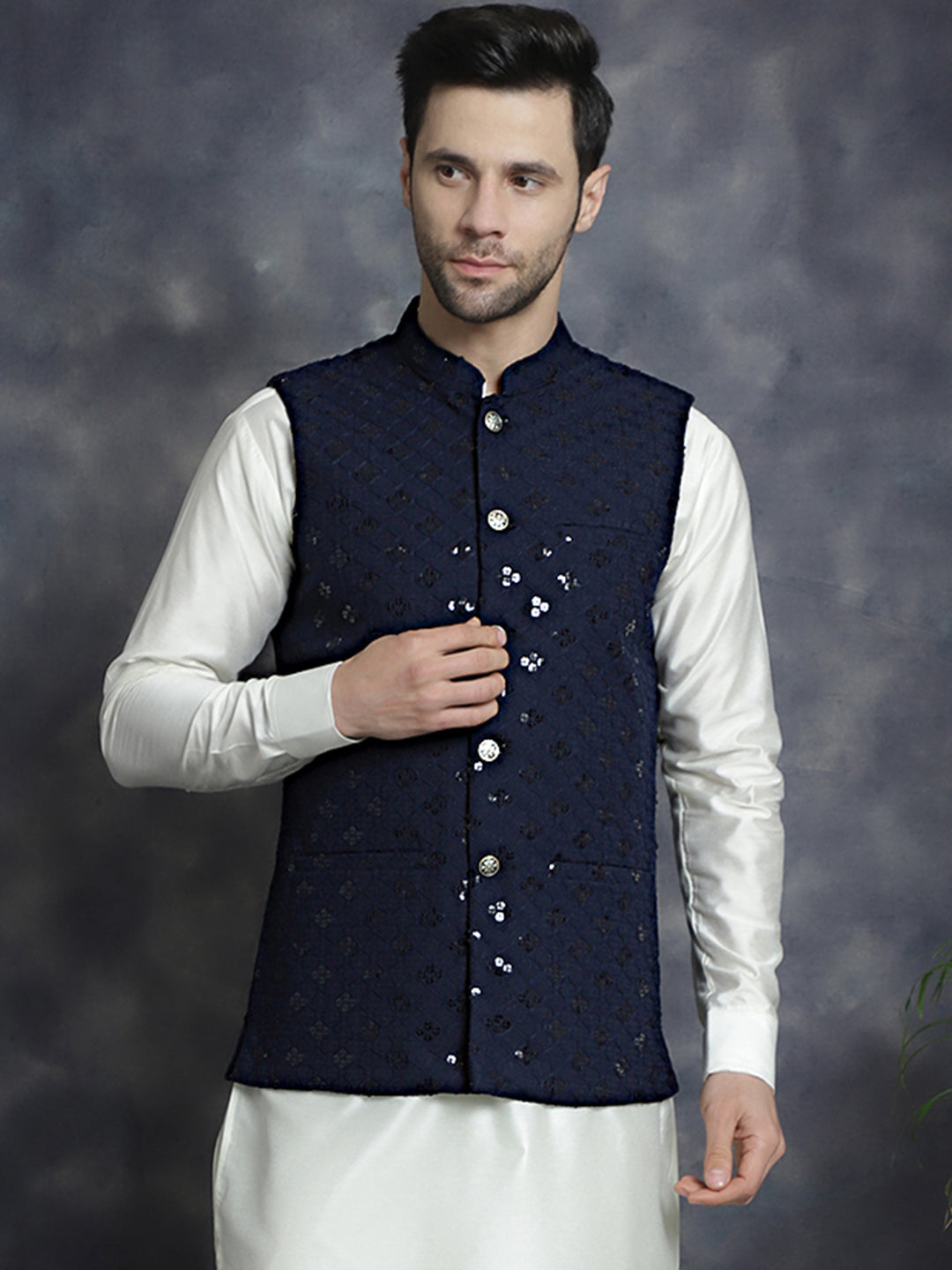 Jompers Men's embroidered and sequins Nehru Jacket - Navy Blue | Grocsy