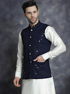 Jompers Men's embroidered and sequins Nehru Jacket - Navy Blue | Grocsy